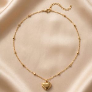 gold heart pendant necklace with beaded chain